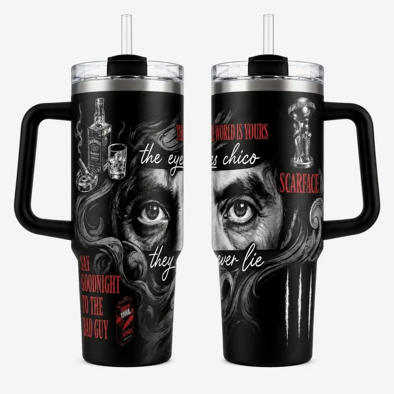 Scarface T0ny M0nt@na Tumbler 30oz 40oz With Handle, Classic Gangster Movie Fan Cup With The World Is Yours And Eyes Chico Inspired Artwork, Not Including The Straw Water Bottles Drinkware
