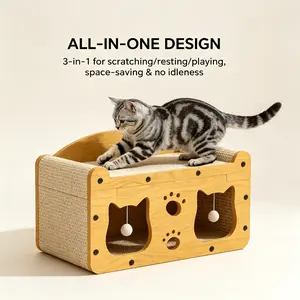 3-in-1 Corrugated Cardboard Cat Scratcher House - Cute Cat-Head Design, Sturdy Hideaway, Sofa Bed, Lounge with Teaser Ball
