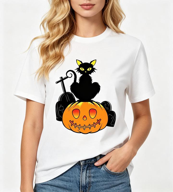 Women's Crew Neck Short Sleeve T-Shirt - Pure Cotton, Tailored Fit, Black Cat Graveyard Pumpkin Halloween Graphic Print, Lightweight Gothic Casual Top White #sohochic