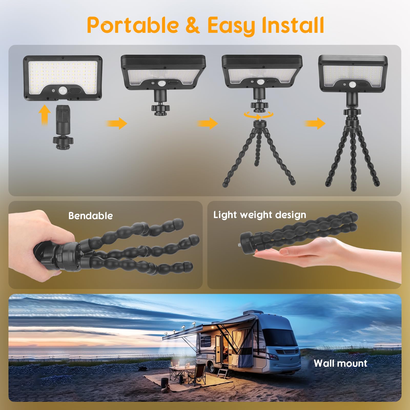 Clamp-on Solar Light Outdoor with Octopus Tripod, 3 Color Temperatures and Remote Control, Motion Sensor Fence Light Solar Powered, IP65 Waterproof Secht, Suitable for Outdoor, Deck, Gutters, Camping