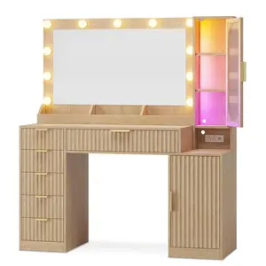Fluted Makeup Vanity with Charging Station and RGB Lights Oak