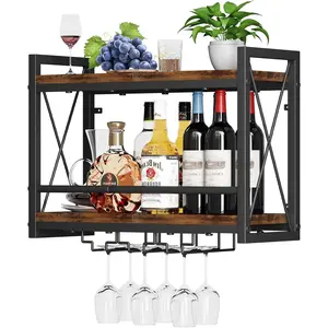 Wall Mounted Rack, Bottle & Glass Holder Wood-Metal Retro Wine Rack, Wine Bottles Display Wall Storage for Kitchen Dining Room Home Bar