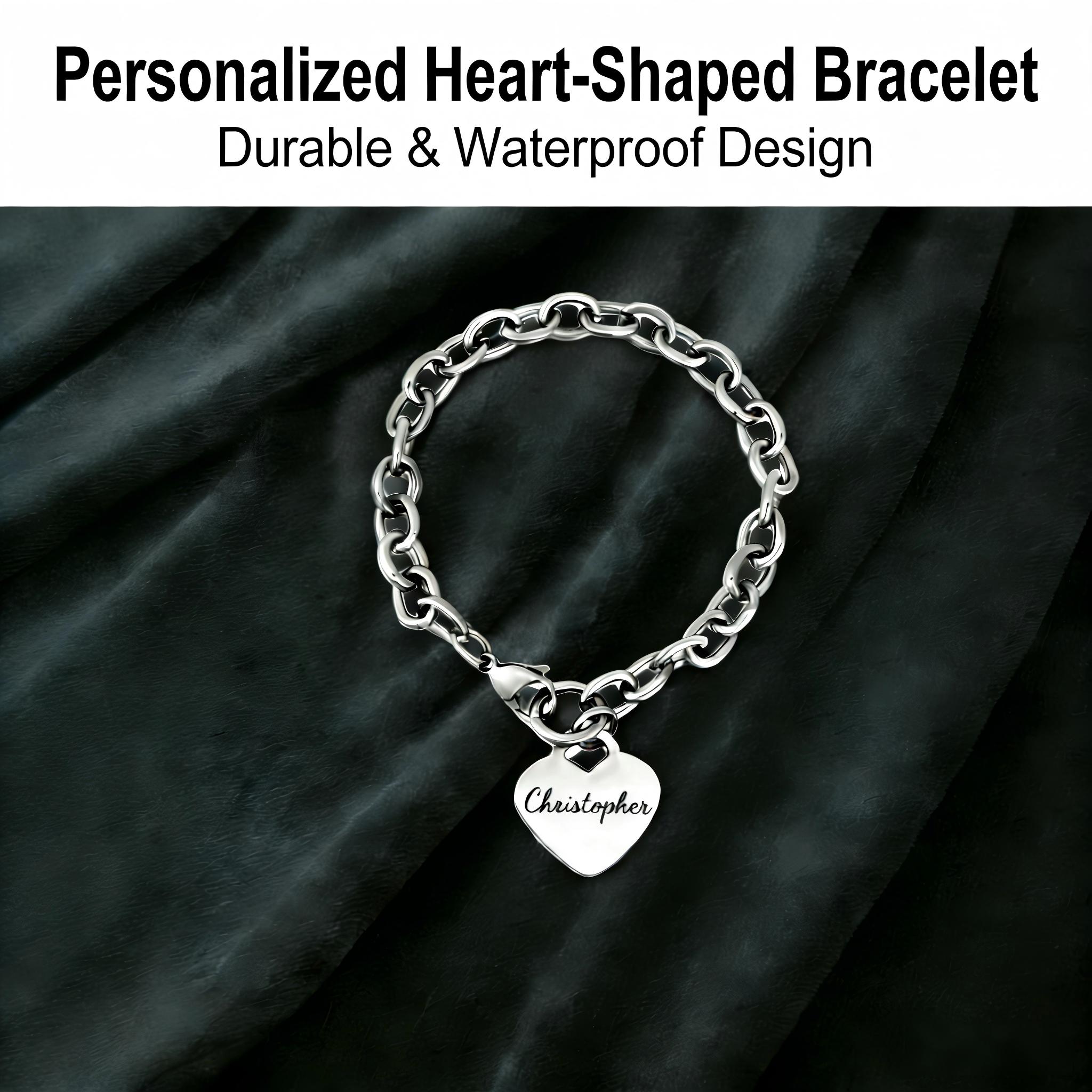 Personalized Engraved Heart Bracelet, Custom Name Jewelry for Men & Women, Waterproof Tarnish Free Stainless Steel Bracelet, Minimalist Gift for Him & Her