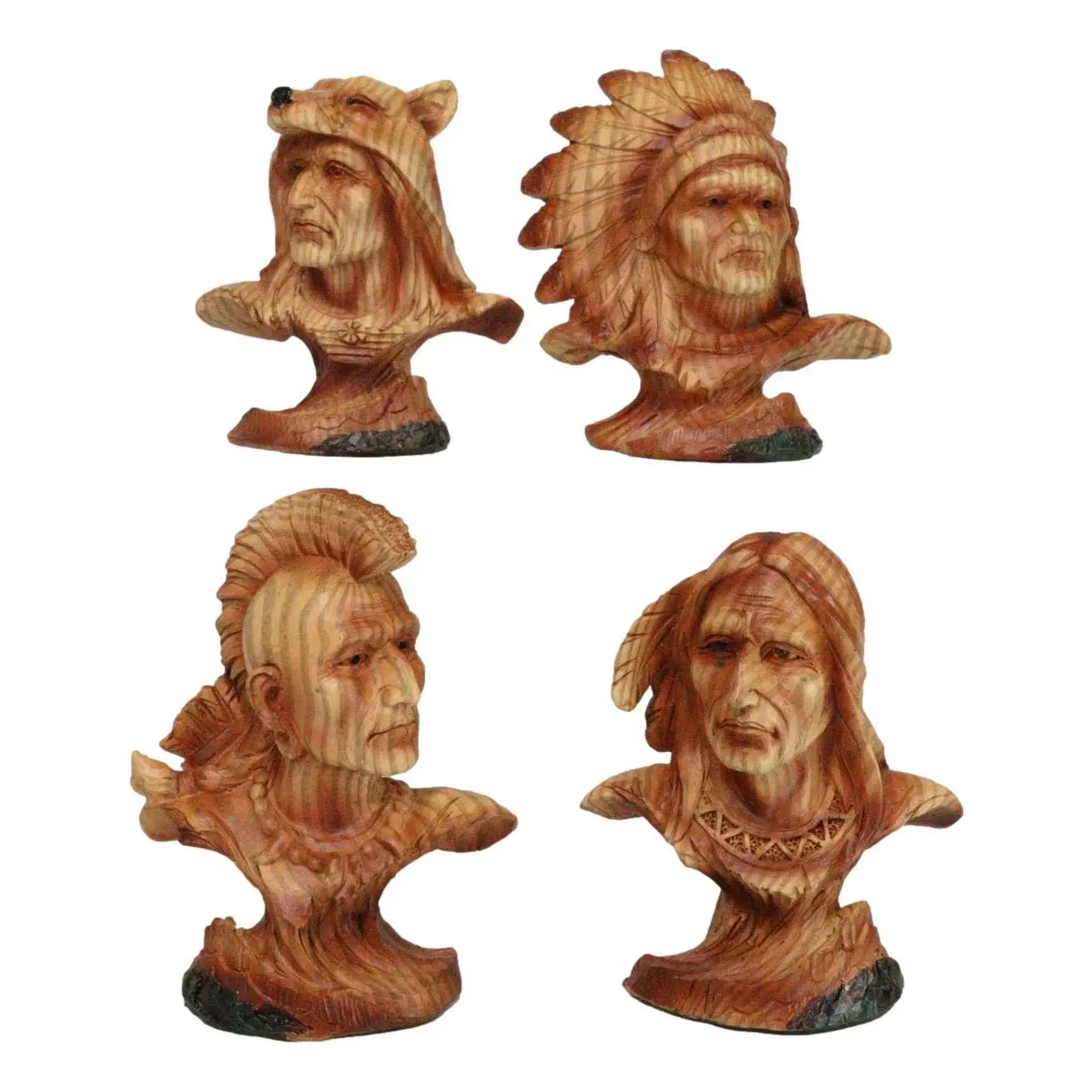 Set of 4 Native American Sioux Indian Tribal Warrior Chief Faux Wood Figurines