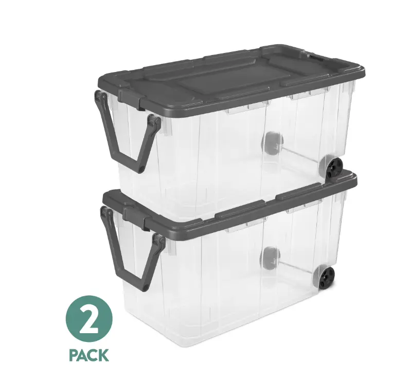 Sterilite 160 Quart Wheeled Stacker, Extra Large Durable Clear Bin, Latch Lid and Pull Handle, Gray, 2 Count
