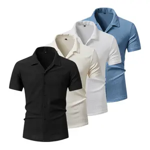 Men’s summer short-sleeve shirt with textured ruched details — trendy casual loose fit, versatile top for men