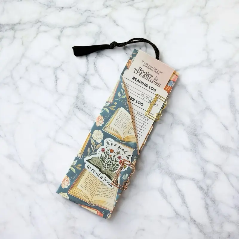 Handmade TBR + Reading Log Bookmark Set in Floral Pouch with Tassel – Book Tracker for Readers + Book Lovers with paperclips and stickers