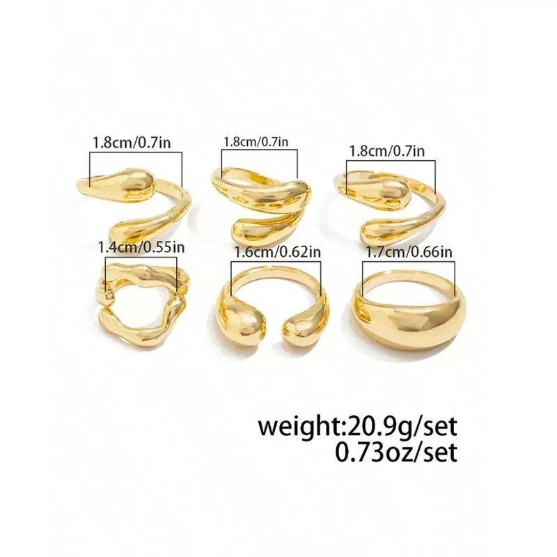 6-piece set of curved metal-finish rings, open design, minimalist style ...