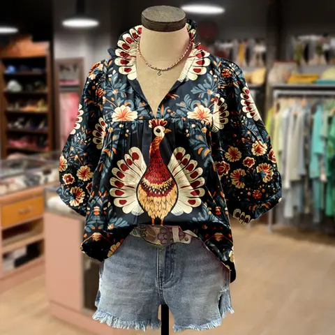 Cherrybetty Chic Thanksgiving Floral Turkey Print Puff Sleeve Top Fashion Shirts Blouseswomen Basic Tops Elegant Classy Tops Cute Tops Women V-Neck Shortsleeve Fitted  Style for Teachers and Moms