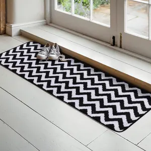 Microfiber Chevron Non-Slip Doormat Indoor Mat and Runner for Entry, Doorway, Bath, Kitchen, High Traffic Areas, 20"x63", Black