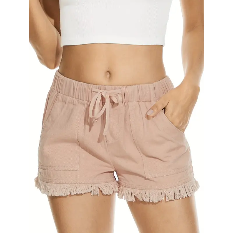 Women's Casual Denim Shorts - Solid Regular-Fit Cotton Blend with Drawstring Waist, Frayed Hem, Machine Wash for Summer Sports & Outdoor (Do Not Dry Clean), Bottom, Lady, Casual Outings