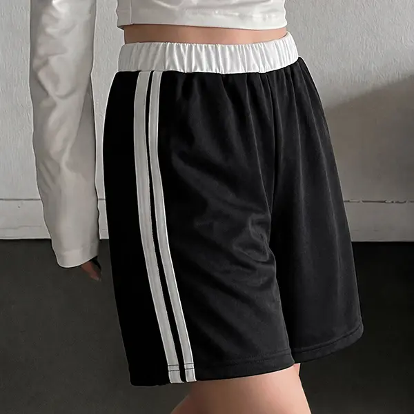 Teen Girls Contrast White Waist Dual Side Stripe Knee Length Sport Shorts, Elastic High Waist Loose Soft Casual Summer Streetwear Bottoms For Back To School Daily Wear