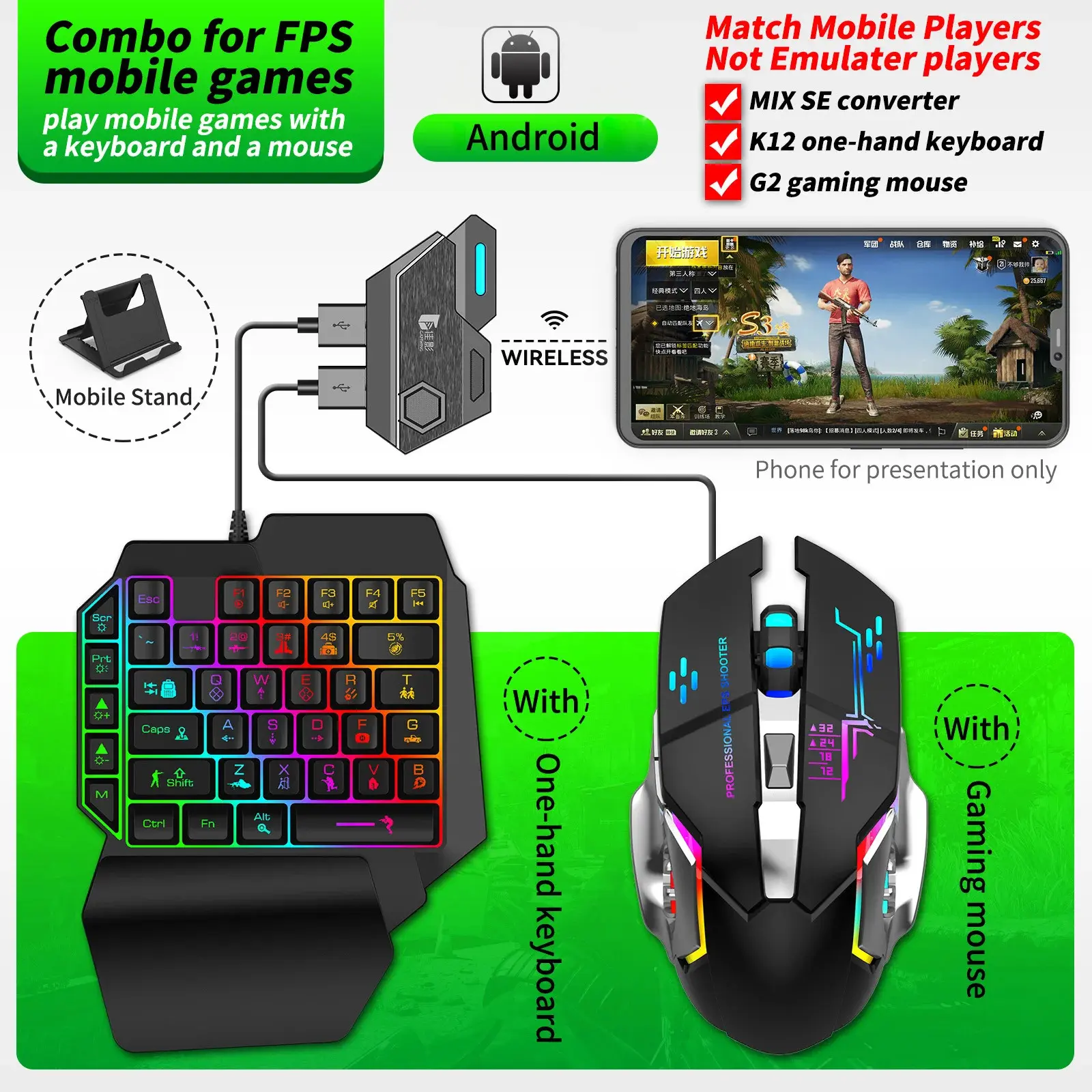 MOBIBLOOM 3-in-1 Wireless Gaming Controllers - Single-Hand Keyboard & Game Mouse Combo, Android-Only Support, 35 Game-Specific Keys, RGB Lighting, Thin Film Keyboard, Ergonomic Design, Automatic Press-and-Grab Peripherals, Bluetooth Gaming Controllers, Bt