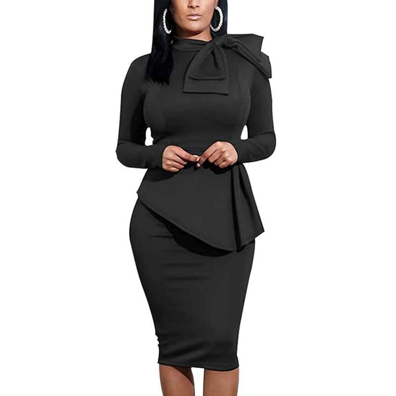 Women's Fashion Peplum Bodycon Long Sleeve Work Dresses Bow Club Ruffle Pencil Formal Cocktail Dress Chic Elegant Womenswear Breathable
