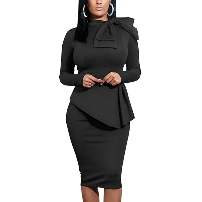 Women's Fashion Peplum Bodycon Long Sleeve Work Dresses Bow Club Ruffle Pencil Formal Cocktail Dress Chic Elegant Womenswear Breathable