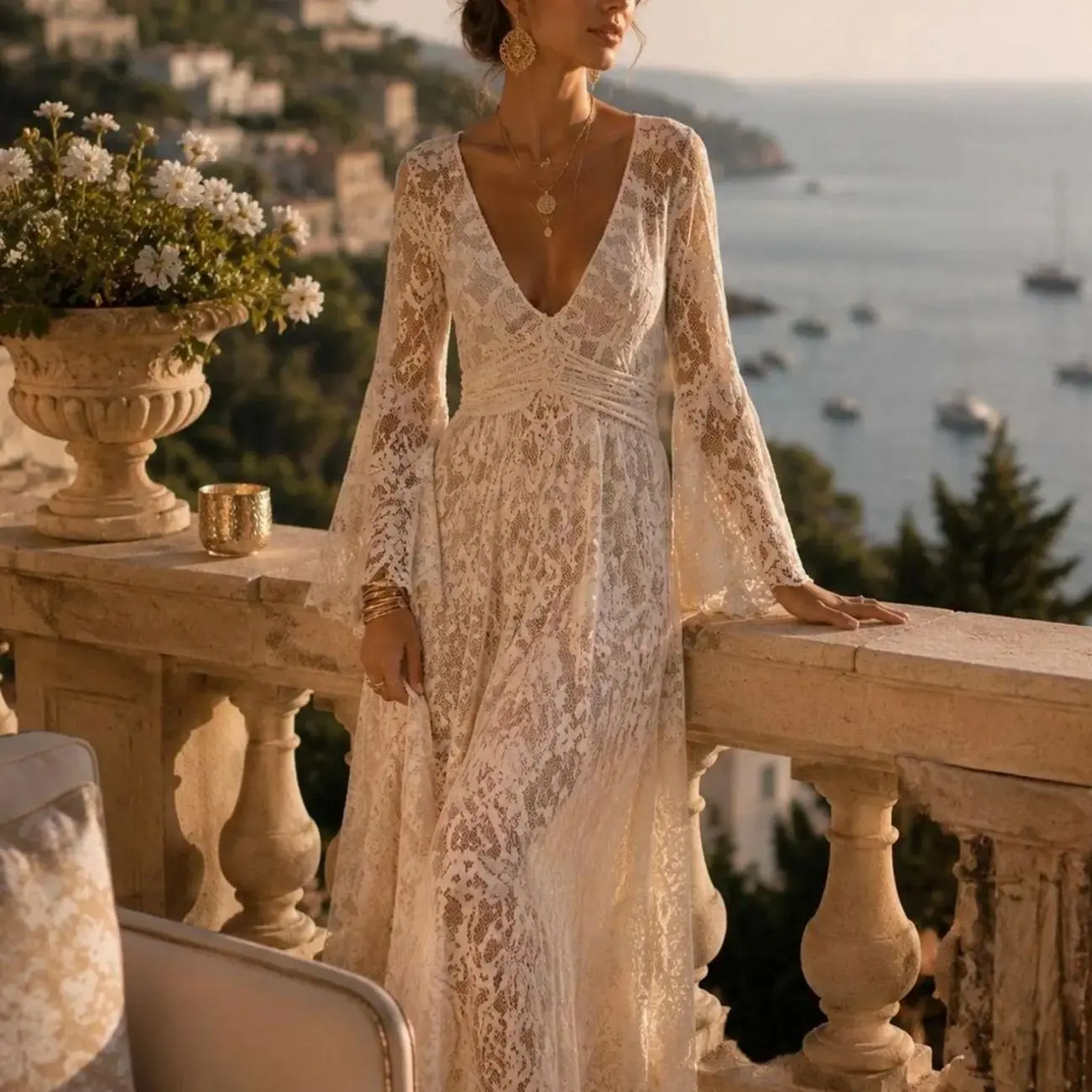Boho Lace Maxi Dress, Deep V Neck Wedding Dress, Bell Sleeve Bridal Gown, Romantic White Lace Dress, Beach Wedding Outfit JSO JGQ