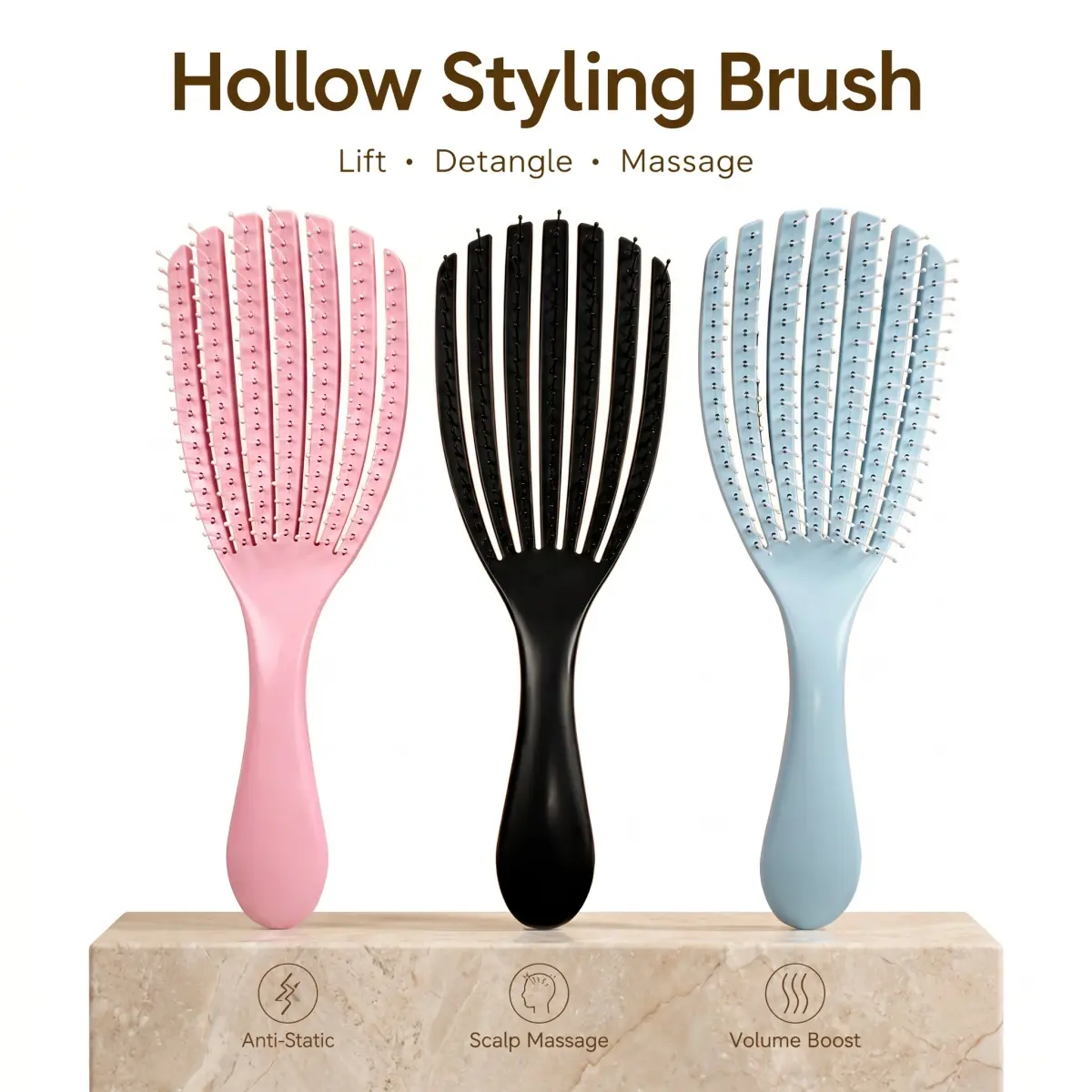Adult Dual-Level Staggered Teeth Detangler Brush - Hollow Back, Anti-Static, Ergonomic Compact, Frizz Control, Wet/Dry Knot Remover, Hair Growth Support, Volumizing Blowout Tool (Party Bag Gift for Home & Festive Use)
