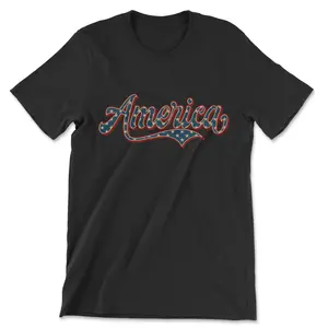 America Script Flag T-Shirt Vintage Patriotic Tee Fitted Short Sleeve Crew Neck Casual Retro Classic Summer Medium Length