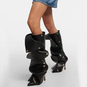 Womens Stiletto Knee High Boots Pointed Toe Detachable Buckle Boot With Zipper Silver Buttons Fall Slouchy Boot