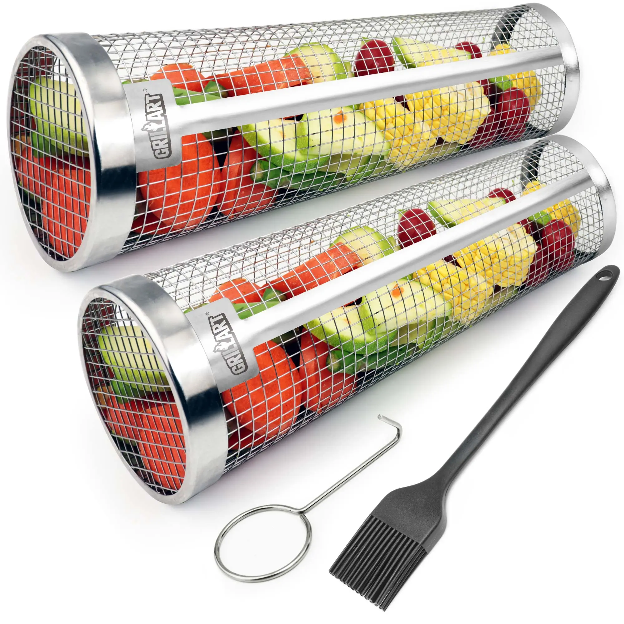 Grill Basket Set - 2 Pack Stainless Steel Rolling Grilling Baskets for BBQ, Ideal for Cooking Meat, French Fries, and Vegetables on Camping or Outdoor Barbecue Large(11.42 inch)