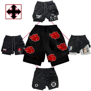 Men Anime Shorts 2 in 1 Bilayer Casual Sport Shorts Quick Dry Running Jogging Pe with Akatsuki Clouds & Goku Logo