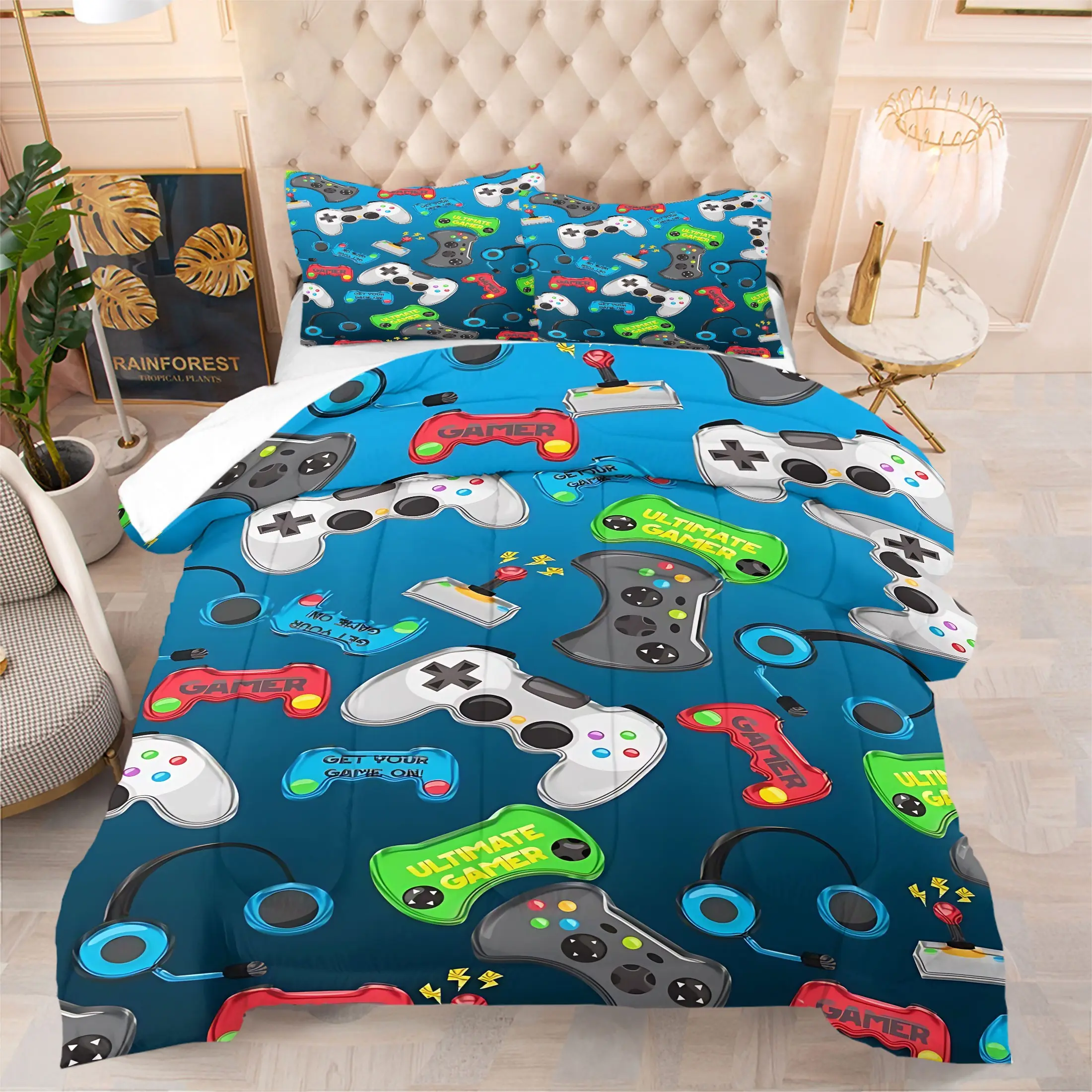 2/3Pcs Gaming Controller Print Quilted Comforter Set, Cool Gamer Style, Soft Breathable Warm All Season Bedding Bet, for Teen Boys Bedroom, Home Use, Comforter With Filling, Pillowcases No Filling