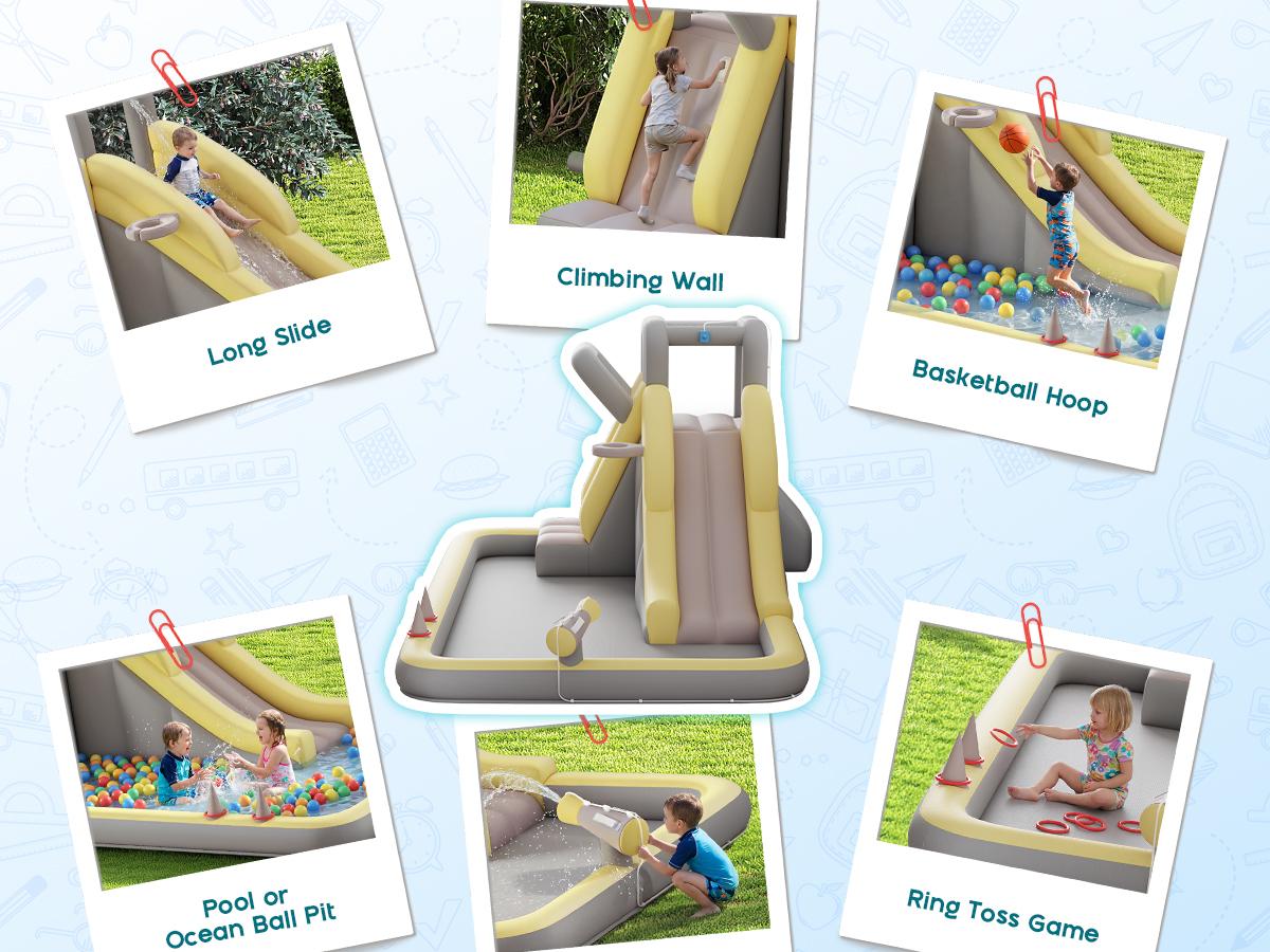 ALBOTT Inflatable Bounce House, Water Slide with Jumping Area, Climbing Wall, Splash Pool and Water Gun, Indoor Outdoor Jumper for Kids 3-12, Air Blower Included