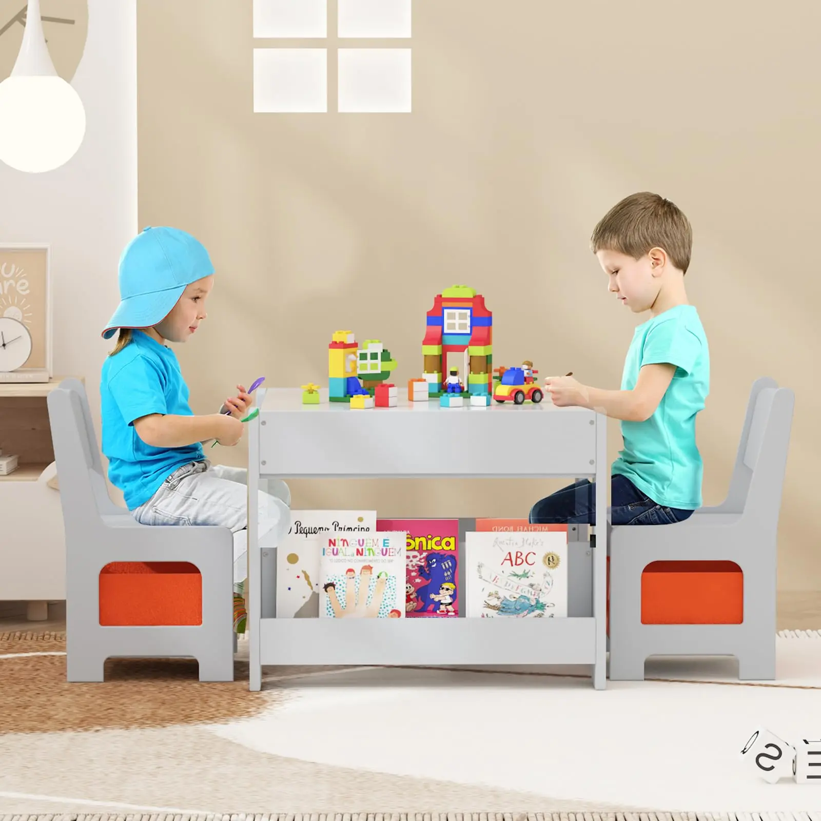 【GARVEE】4-in-1 Wooden Toddlers Activity Table & 2 Chairs Set with Storage Drawer and Detachable Tabletop, Ideal for Drawing, Reading, Crafts, Art, Homework, Nursery, and Playroom Activities