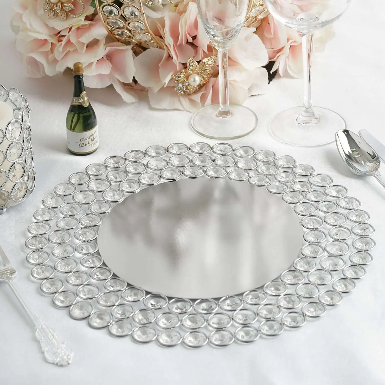 14-in Silver Wired Metal Round Charger Plate with Acrylic Crystal Beads, Glamorous Kitchen Tableware, Best When Paired with Crowns, Can Use Either Side, Decorative