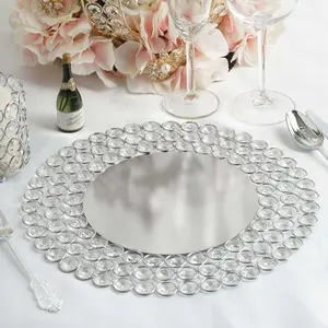 Wired Metal Round Charger Plate 14" in SIlver with Acrylic Crystal Beads, Glamorous Decorative Dinner Charger Tableware