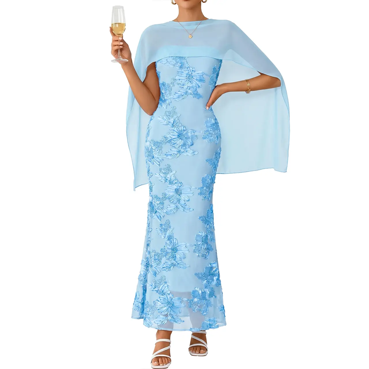 Women’s Blue Floral Embroidered Maxi Dress, Elegant Formal Gown for Wedding Guest, Evening Party & Special Occasions LQ352 Womenswear Workwear