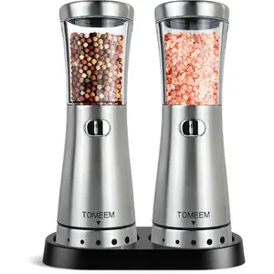 Electric Salt and Pepper Grinder Set with Storage Base, Stainless Steel Rechargeable Salt and Pepper Grinder Set with 4.5 oz Large Capacity, 1.8" Wide Mouth, Adjustable Coarseness, Ideal for Kitchen