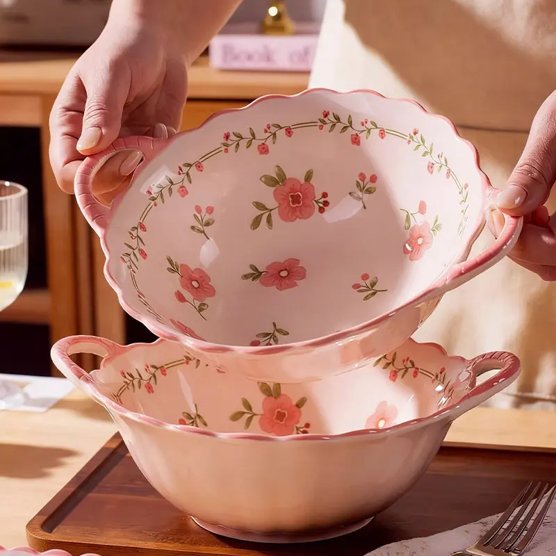 2 pieces of 9.25-inch double ear soup bowls, peach blossom pattern, pink color scheme, cute style, practical and versatile, can hold all kinds of food, microwave safe, machine washable, Ceramic Salad Bowls