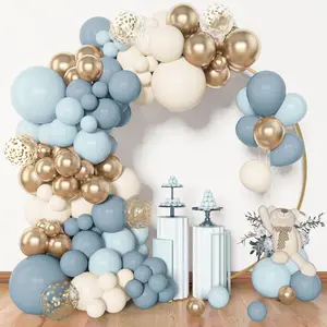 Amandir 153pcs Dusty Blue Balloon Garland Arch Kit, Different Sizes 18 12 10 5 inch Blue White Sand Latex Metallic Confetti Gold Balloons for Boys Birthday Boho Baby Shower Party Decoration Supplies