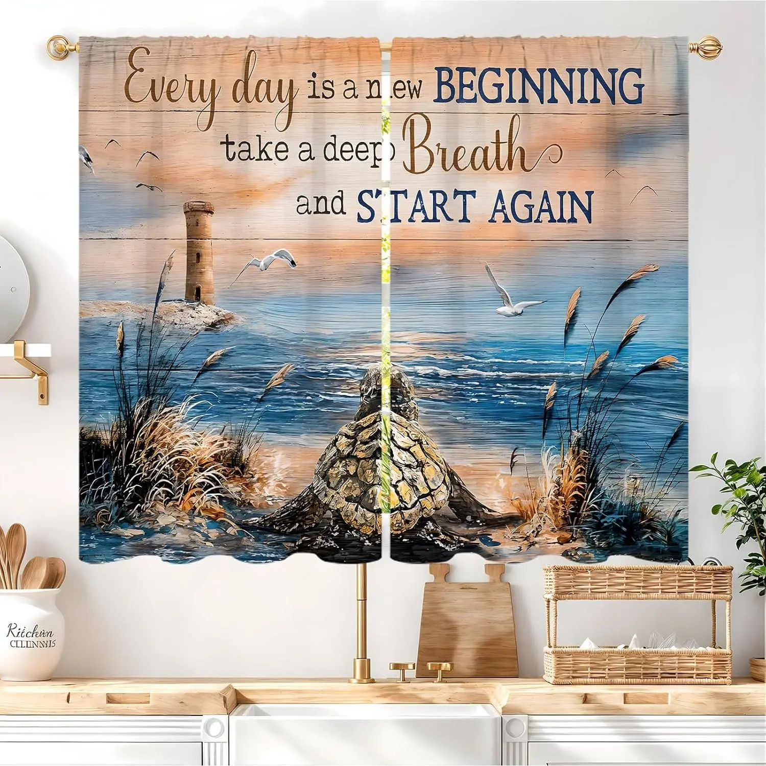 Beach Sea Turtle Kitchen Curtains - 27.5W x 39L in, 2 Panels, Colorful Art Print Animal Decorative Beautiful Patterns Nautical Curtains, Lighthouse Inspirational Quotes, Coastal Window Drapes for Kitchen Bathroom, Colorful Curtains, Art Print Curtains