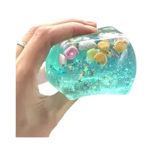 Ocean Shell Squishy Cube Fidget Toy, Sea Island Gel Stress Ball, Slow Rising Sensory Squeeze, Transparent Beach Theme Desk Decor for Teens Adults, Cute Party Favor, Collectible Gift, Kawaii Summer Birthday Stocking Stuffer, Handheld Novelty Gift Idea