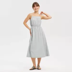 Women's Button-Front Smocked Midi A-Line Dress - Universal Thread Gray Striped L