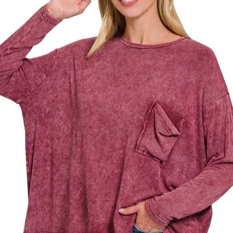 Zenana Ribbed Dolman Top with Front Pocket Long Sleeve Women's Fashion Shirt Casual Womenswear Basic Style Blouses Outfit Sky Suit Crewneck Minimalist Sleet