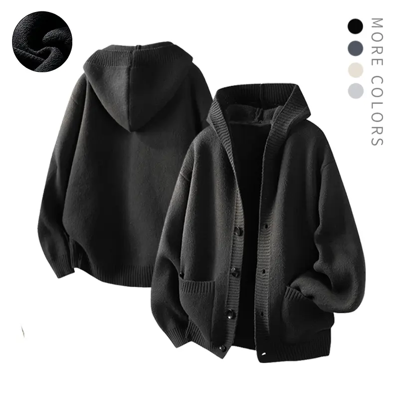 Men's Knit Sweater Hoodie A thick and warm jacket featuring ribbed cuffs and a buttoned front; this versatile piece is a must-have in any man’s wardrobe. Perfect for outdoor hikes, jogging, gym workouts, or everyday casual wear. Makes a great gift for b,