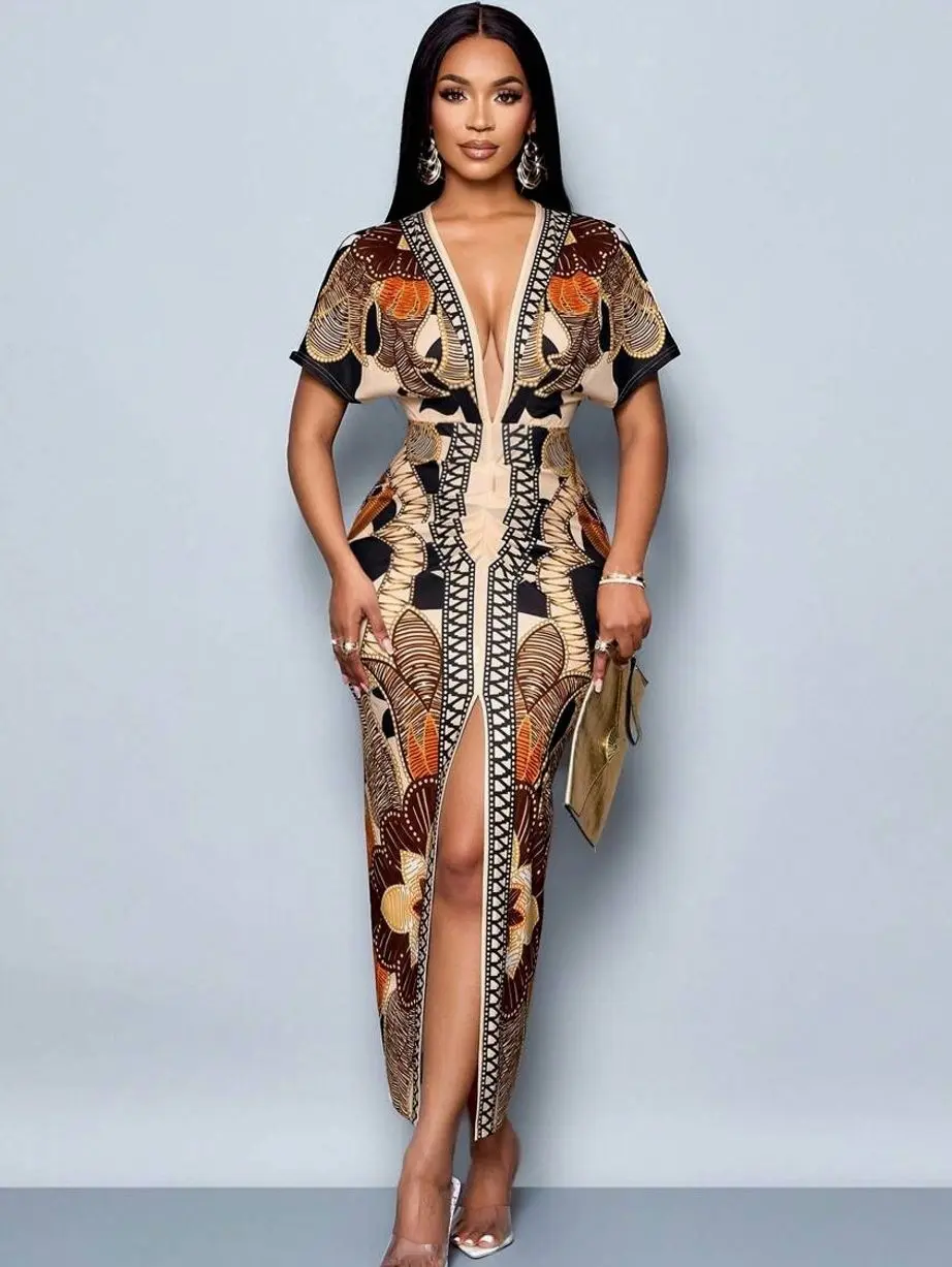 Floral Deep V-Neck Maxi Dress, High-Waist Slit Beach Dress, Boho Tropical Summer Vacation Fitted Dress