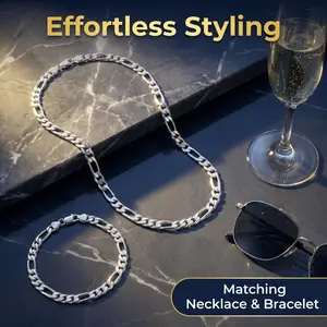 Unisex Figaro Link Jewelry Set (1 Necklace + 1 Bracelet), 925 Silver-Plated with 4mm & 6mm Width Options, 19.69in & 23.62in Necklace Lengths, Lobster Clasp Fashion Gift