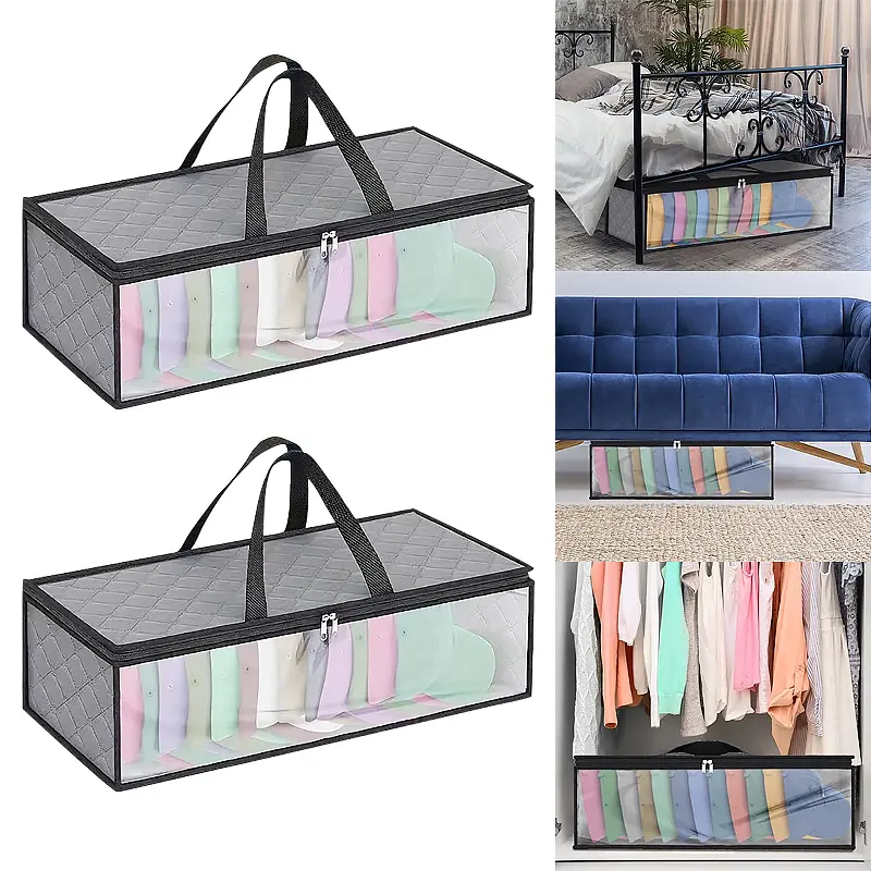 2Pcs Gray Non-Woven Fabric Foldable Storage Bags Set for Clothes Hats Luggage & Bra Organizing Versatile Space-Saving Organiser, Travel Organizer, Collapsible Storage Organizer