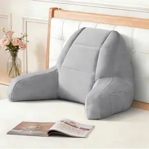 Back Pillow for Sitting Up in Bed, Reading Backrest Pillows with Arms for Adult, Filled with Shredded Memory Foam for Beds, Couch, Floor, Light Grey