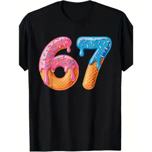 Six Seven 67 Ice Cream Drip Meme T-Shirt - Gen Alpha Slang Graphic Tee, Casual Short Sleeve Shirt with Number 67 Design, Size 130-160 (for 6 & 7 Year Olds) (3-13Y)