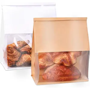 100 Pack  Paper Bread Bags for Homemade Bread, Large Sourdough Bakery Bags with Clear Window, Loaf Bag with Tin Tie Tab Lock for Cookies, Cakes, Snacks, and Sandwiches,11" x 4.3" x 8.7"
