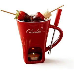 Mini Fondue Set - Ceramic Chocolate Fondue Mug with Forks, 130ml Melting Cup for Chocolate & Cheese - Perfect Gift Set for Date Night, Valentine's Day & Romantic Occasions (Red)