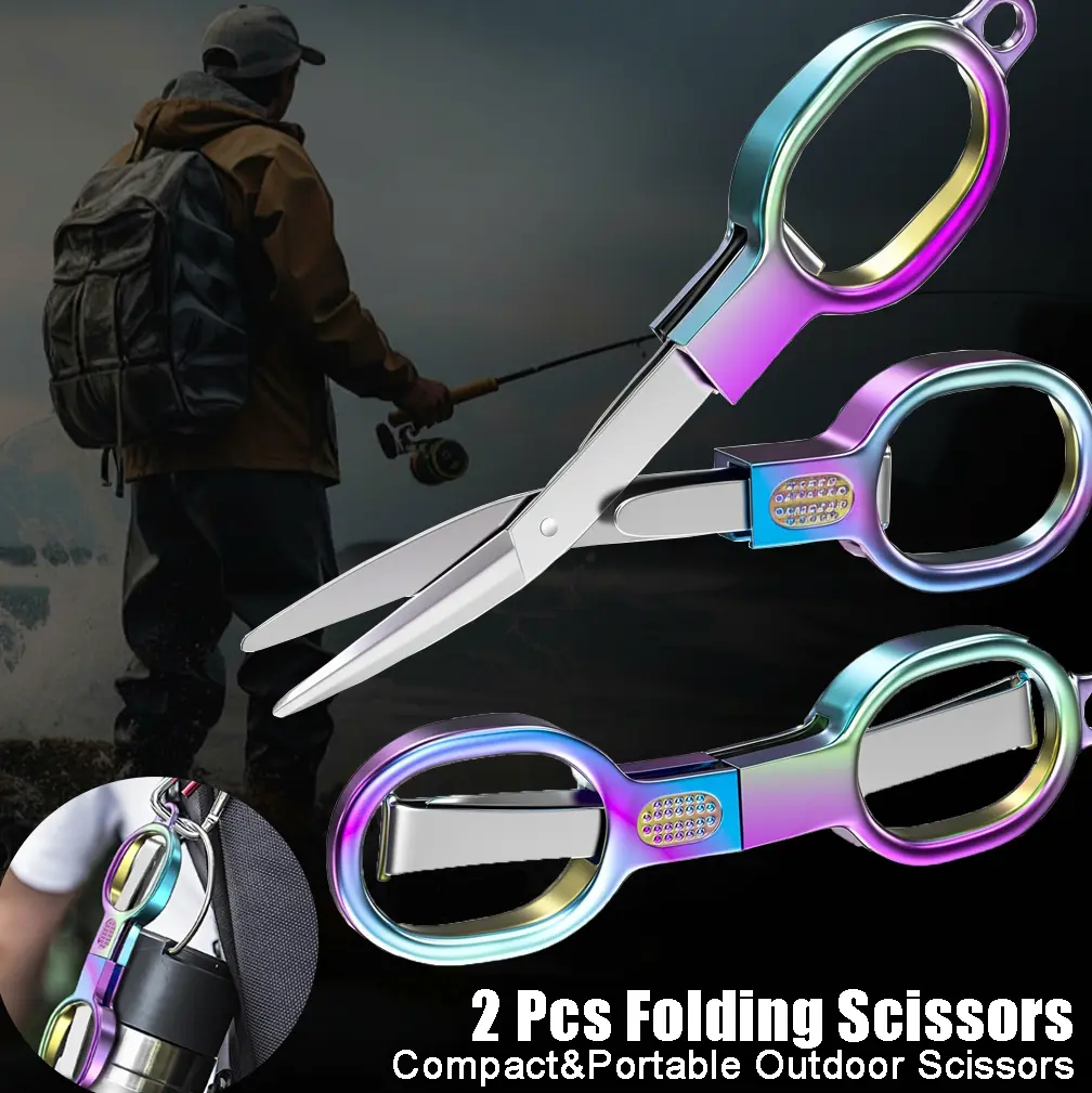 2 Pcs Blunt Tip Safe Stainless Steel Mini Foldable Travel Scissors - Office Cutting Supplies for Adults and Children, Foldable Form for Cloth, Ribbon, Yarn, Paper Crafting, Home & Outdoor Use with Rainbow Coating, Hair
