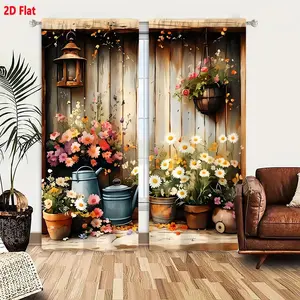 2D Flat Cozy Rustic Curtain Set 2 Pieces, Window Curtain, Wooden Plank Wall Backdrop Inspired Vintage Garden Nook Design, Colorful Flowers Terracotta Metal Pots & Wicker Basket, Home Decor Curtains for Living