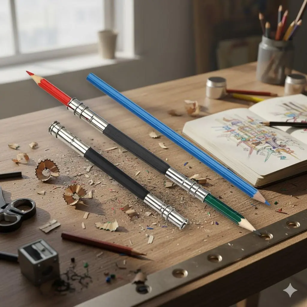 Double-Sided Adjustable Pencil Extender for Artists, Dual Spring Clip Adapter, Portable Anti-Slip Grip, Professional Sketch Drawing Tool, Essential for Sketching, Compatible with Multiple Pencil Sizes.