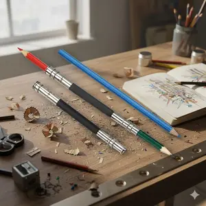 Double-Sided Adjustable Pencil Extender for Artists, Dual Spring Clip Adapter, Portable Anti-Slip Grip, Professional Sketch Drawing Tool, Essential for Sketching, Compatible with Multiple Pencil Sizes.